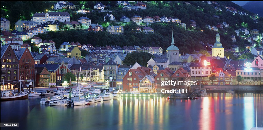 Hillside town overlooking dock in evening light