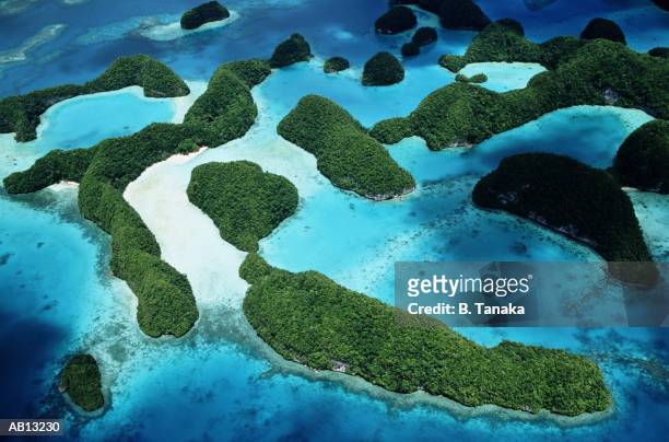 micronesia, palau, rock islands, seventy islands, aerial view - lagoon stock pictures, royalty-free photos & images