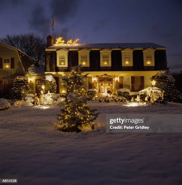 house and yard covered with christmas lights and decorations - yard stockfoto's en -beelden