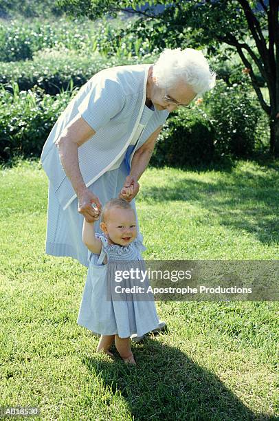 grandmother walking baby girl (9-12 months) in garden - great grandmother bildbanksfoton och bilder