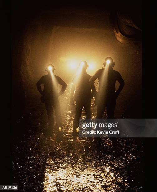 three miners wearing headlamps in mine shaft, silhouette - miner's lamp stock pictures, royalty-free photos & images