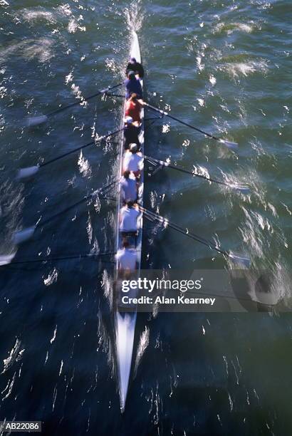 crew team rowing, blurred motion, elevated view - sweep rowing foto e immagini stock