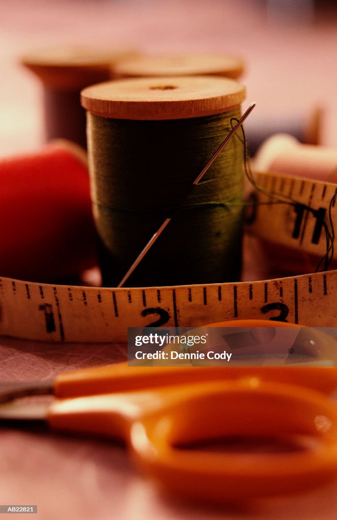 Sewing kit, close-up (focus on tape)