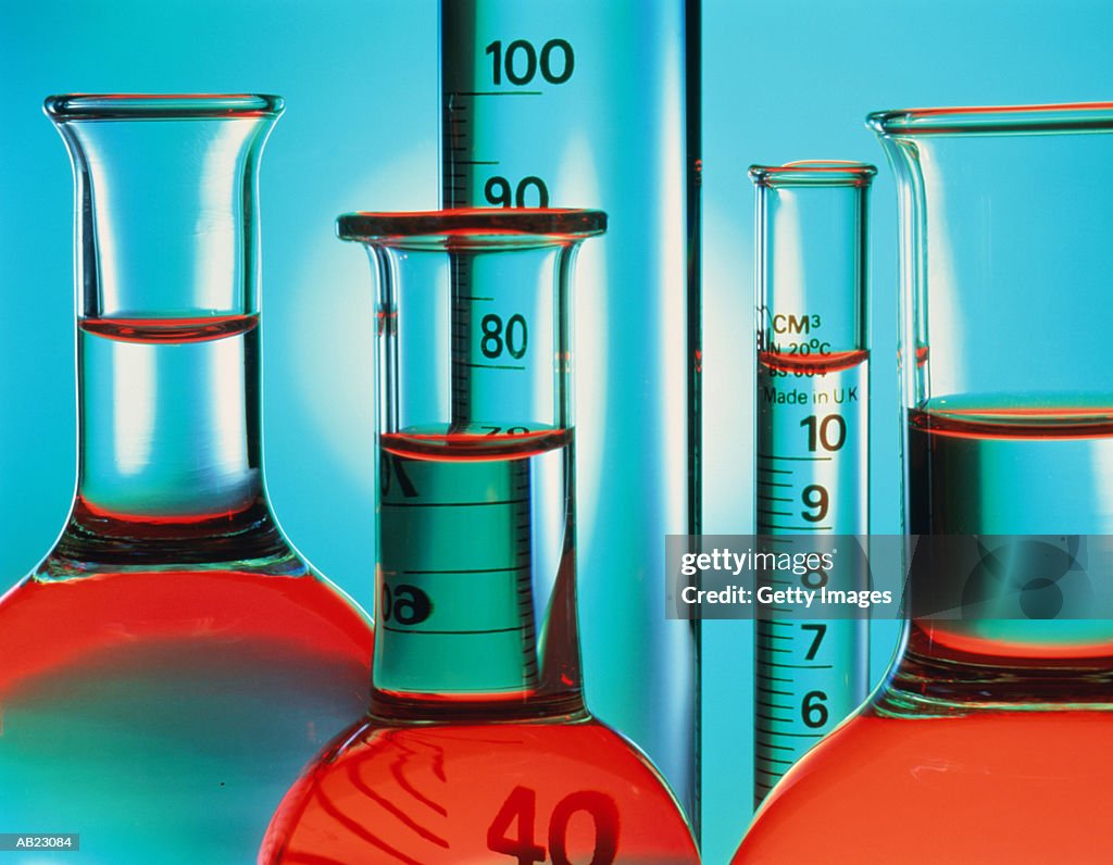 Laboratory flasks filled with liquid, close-up