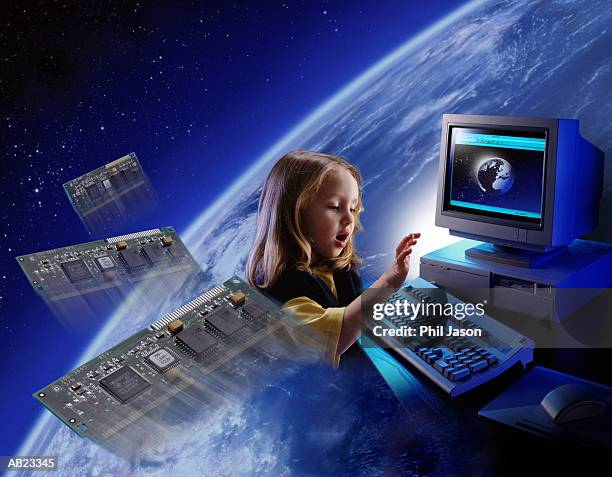 girl (6-8) using computer, circuit boards and earth (composite) - phil stock pictures, royalty-free photos & images