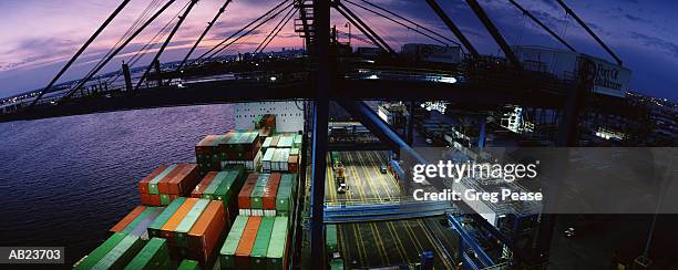 freighter at dock, dusk (wide angle lens) - greg pease stock-fotos und bilder