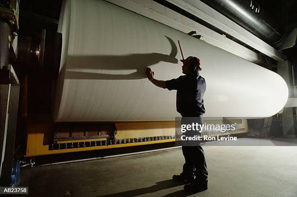 male worker checking sheets of pulp in paper mill, rear view - paper industry stock-fotos und bilder