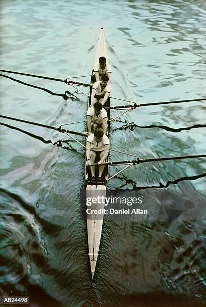 coxless four rowing in racing shell, elevated view - remo de punta fotografías e imágenes de stock