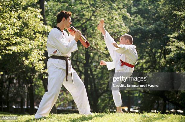 tae kwon do master instructing boy (9-11) in park, profile - karate stock pictures, royalty-free photos & images