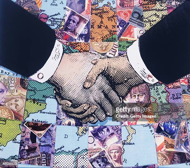 two businessmen shaking hands over world map (montage) - business inspiration stock illustrations