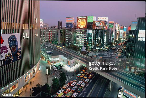 japan, tokyo, ginza district, traffic congestion, elevated view - ginza stock pictures, royalty-free photos & images