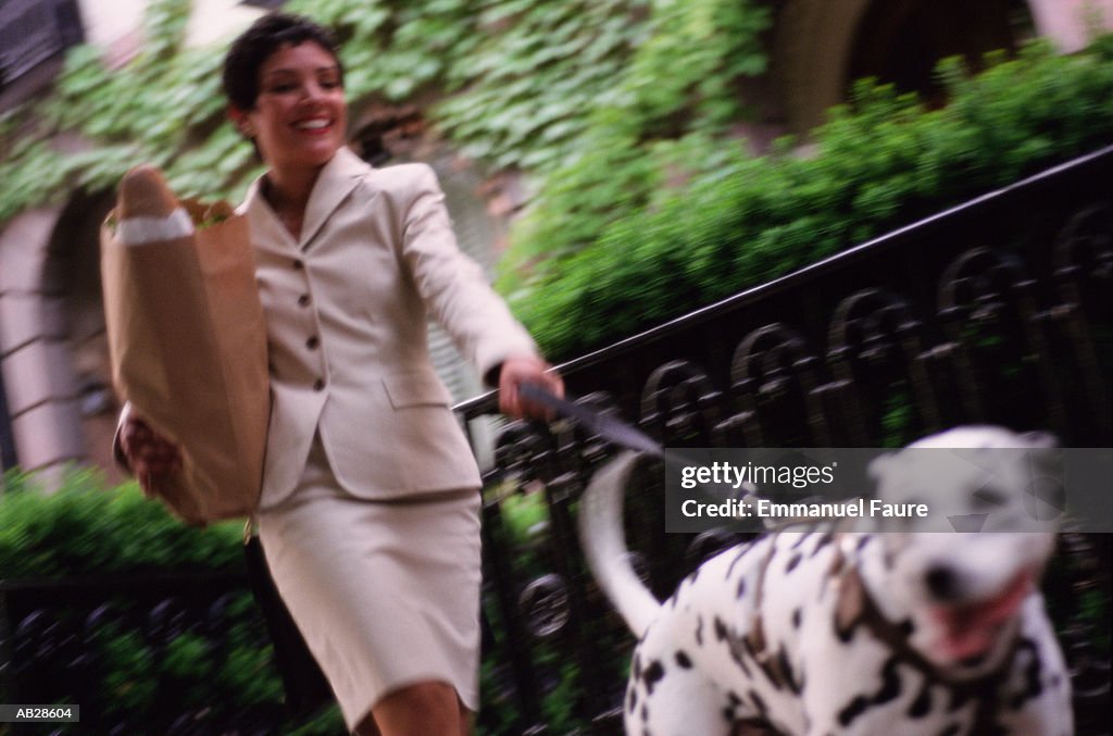 PROFESSIONAL WOMAN CARRYING GROCERY BAG AND WALKING DOG