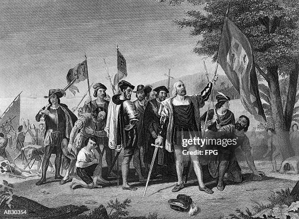 Christopher Columbus (1446?-1506) and coming ashore (B&W)