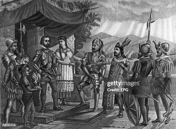 hernando cortes (1485-1547), spanish conqueror of mexico (b&w) - spanish culture stock illustrations