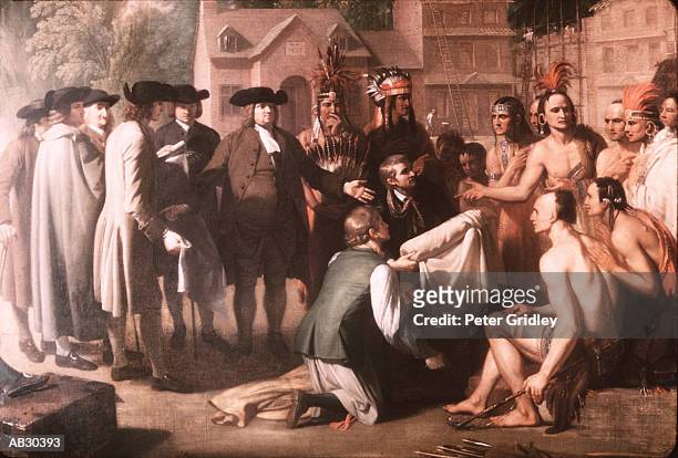 william penn and colonial leaders meeting with native americans - key speakers at the international economic forum of the americas conference of montreal stockfoto's en -beelden