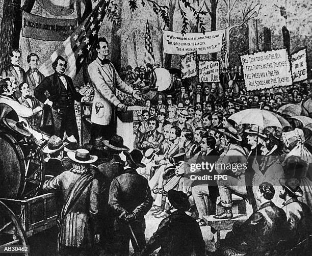 abraham lincoln debating with stephen a. douglas - stehen stock illustrations