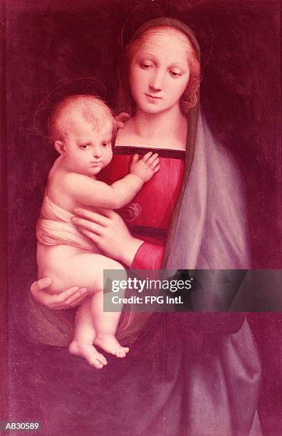 stockillustraties, clipart, cartoons en iconen met painting of the virgin mary holding baby jesus - virgin mary