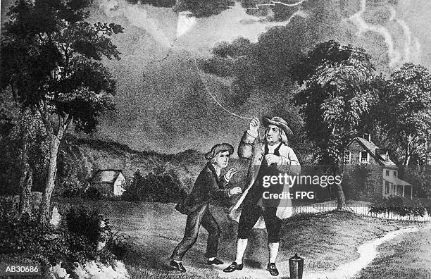 benjamin franklin testing electrical current theory with kite - ben franklin kite stock pictures, royalty-free photos & images