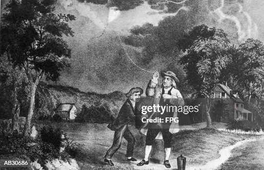 Benjamin Franklin testing electrical current theory with kite Benjamin Franklin testing electrical current theory with kite