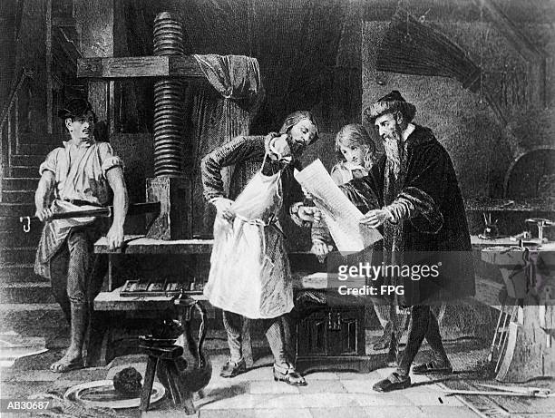 johannes gutenberg and colleagues looking at printed document - etching stock pictures, royalty-free photos & images