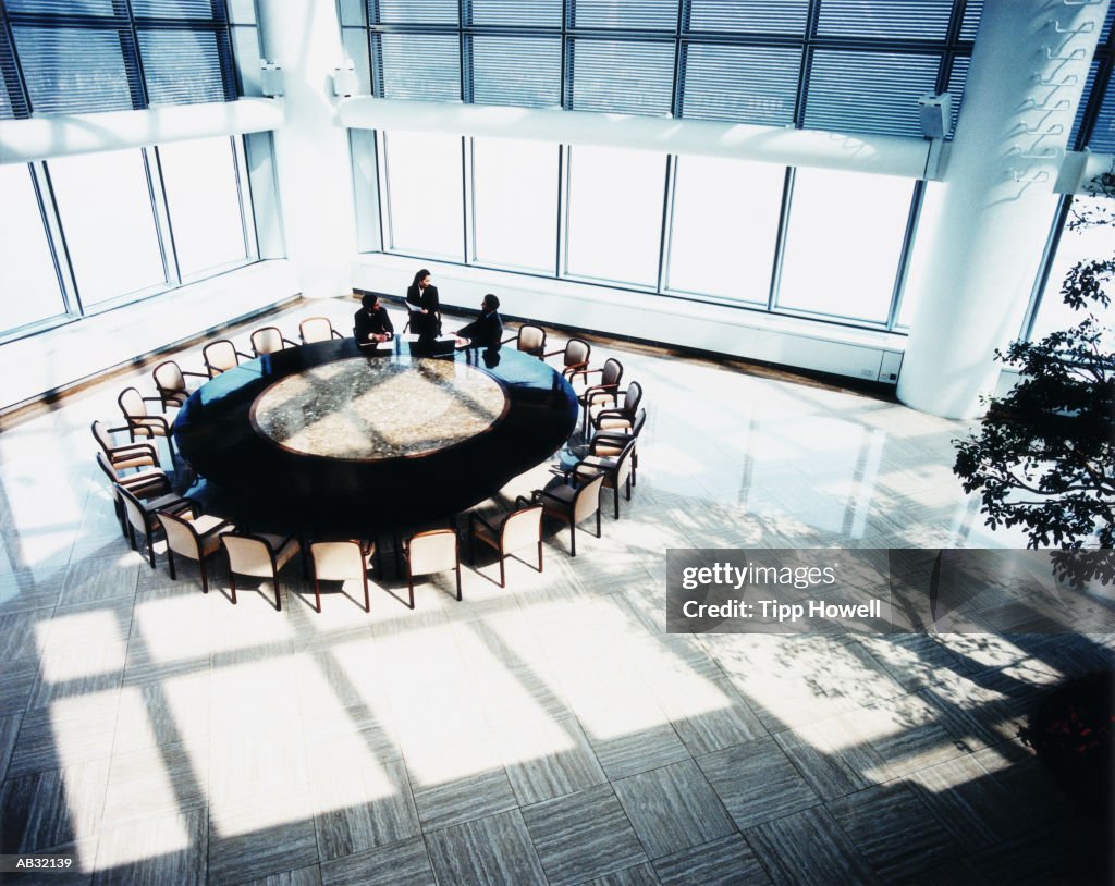 Businesspeople in conference room, elevated view