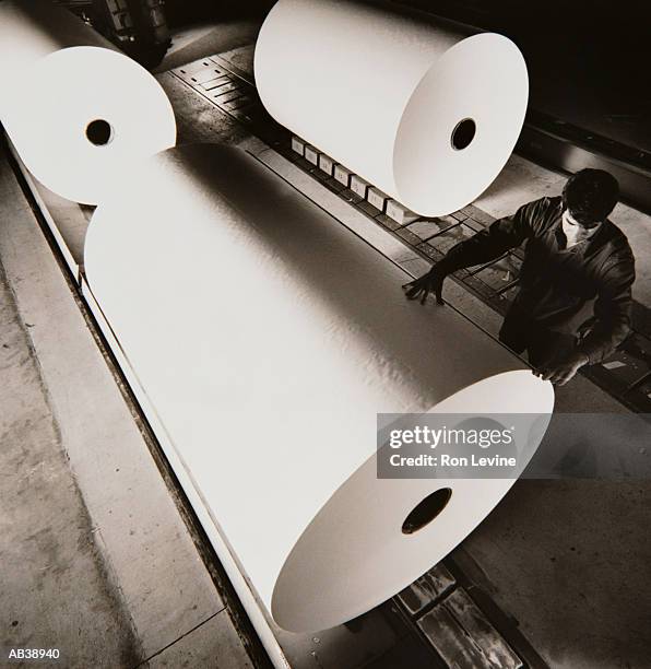 male worker checking roll of paper in paper mill, elevated view (b&w) - ream of paper stock pictures, royalty-free photos & images