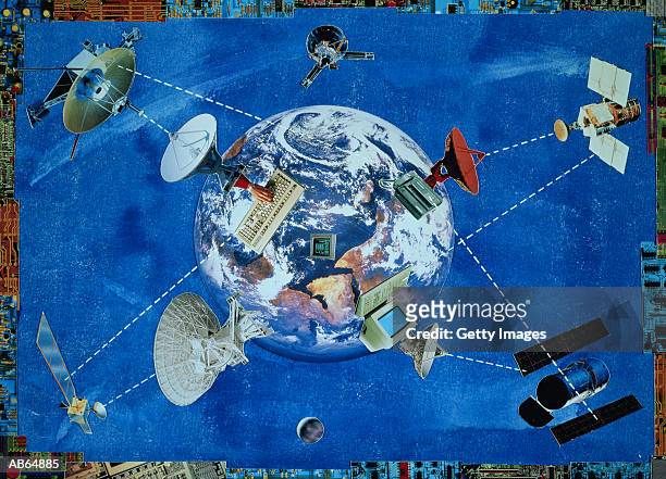 satellites connecting to computers floating around planet earth - space craft stock pictures, royalty-free photos & images