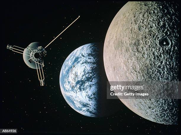 satellite floating in space, moon in foreground, earth in background - earth space ストックフォトと画像