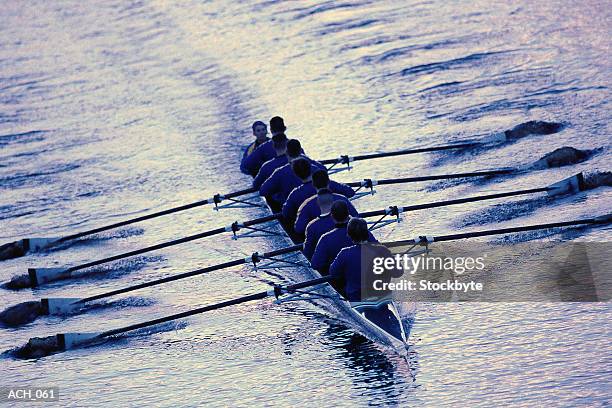 eight men sweep rowing; coxswain in front of boat - sweep rowing stock pictures, royalty-free photos & images