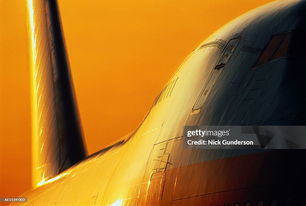Boeing 747 passenger aircraft at sunset, close-up