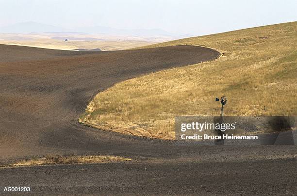 wheat field with windmill - 工業用風車 ストックフォトと画像