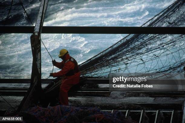 fisherman hauling nets in rough conditions, bering sea - big fishing net stock pictures, royalty-free photos & images