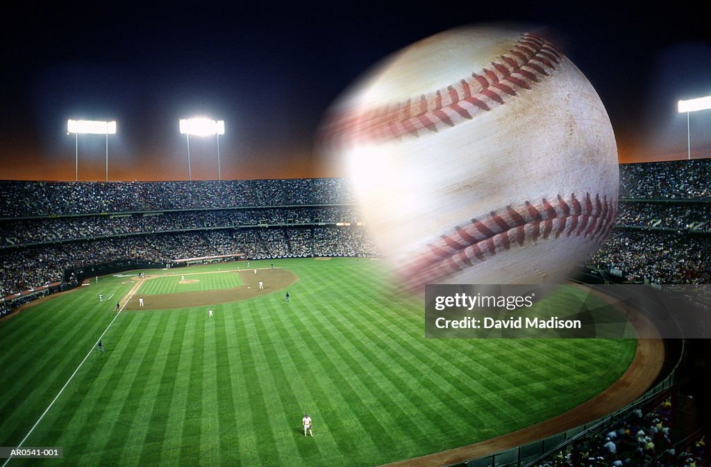 Baseball over stadium, blurred motion (Digital Composite)