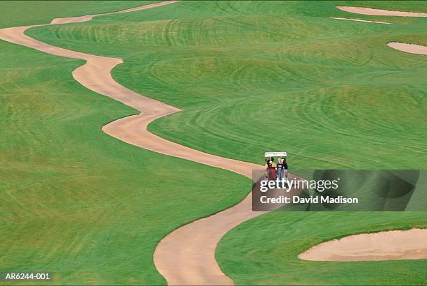 golfers driving cart on winding path, rear view (enhancement) - golf cart stock pictures, royalty-free photos & images