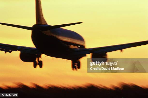 passenger aircraft in flight at sunset (blurred motion) - boeing 737 stock pictures, royalty-free photos & images
