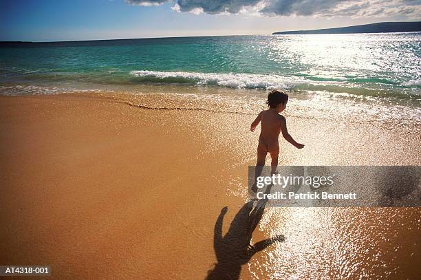 toddler running on beach, rear view, maui, hawaii, usa - one baby girl only foto e immagini stock
