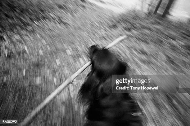 black retriever running with stick (blurred motion) - stick plant part stockfoto's en -beelden