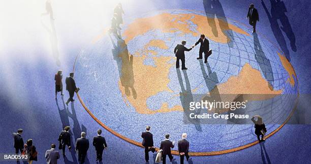 businesspeople walking and shaking hands in lobby, elevated view - greg pease stock pictures, royalty-free photos & images