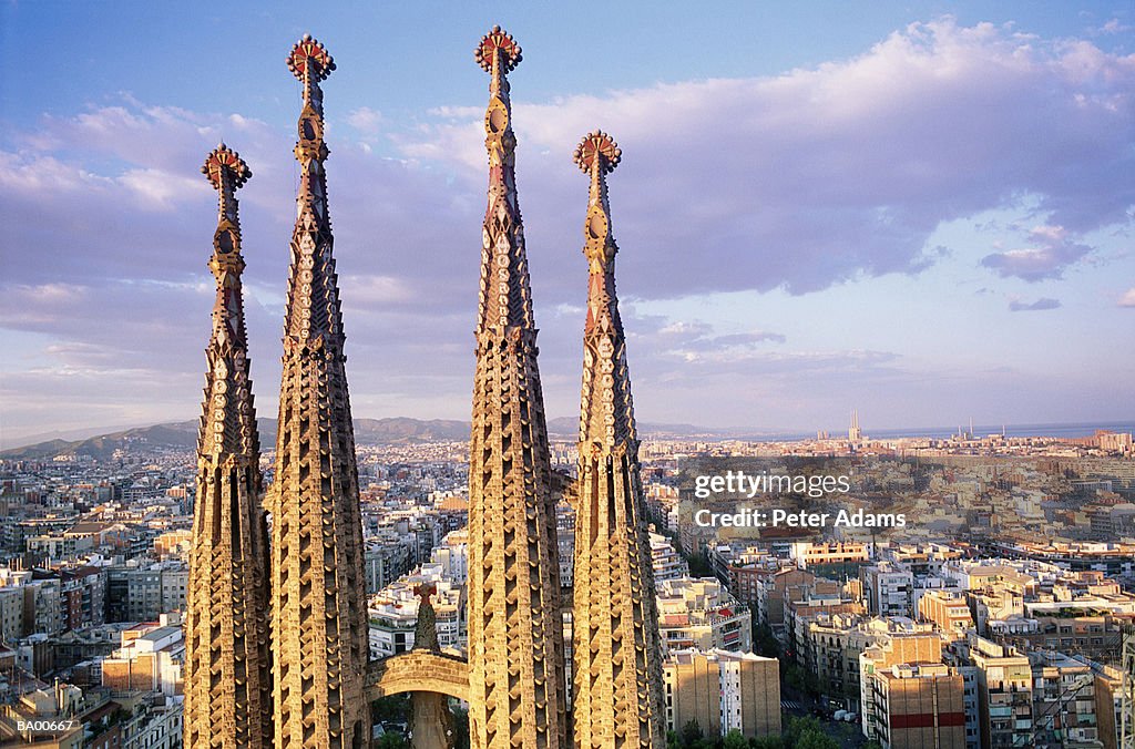 Europe, Spain, Barcelona, Spires of Sagrada Familia and skyline
