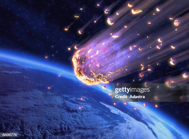 meteor shower speeding toward earth (digital composite) - stelle cadenti foto e immagini stock