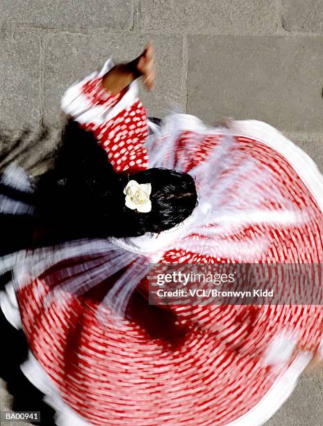 woman in polka dot dress dancing, overhead view - polka dancing stock pictures, royalty-free photos & images