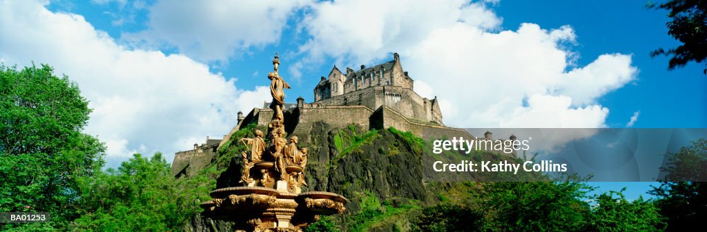 Scotland, Edinburgh, Edinburgh castle and statue, low angle view