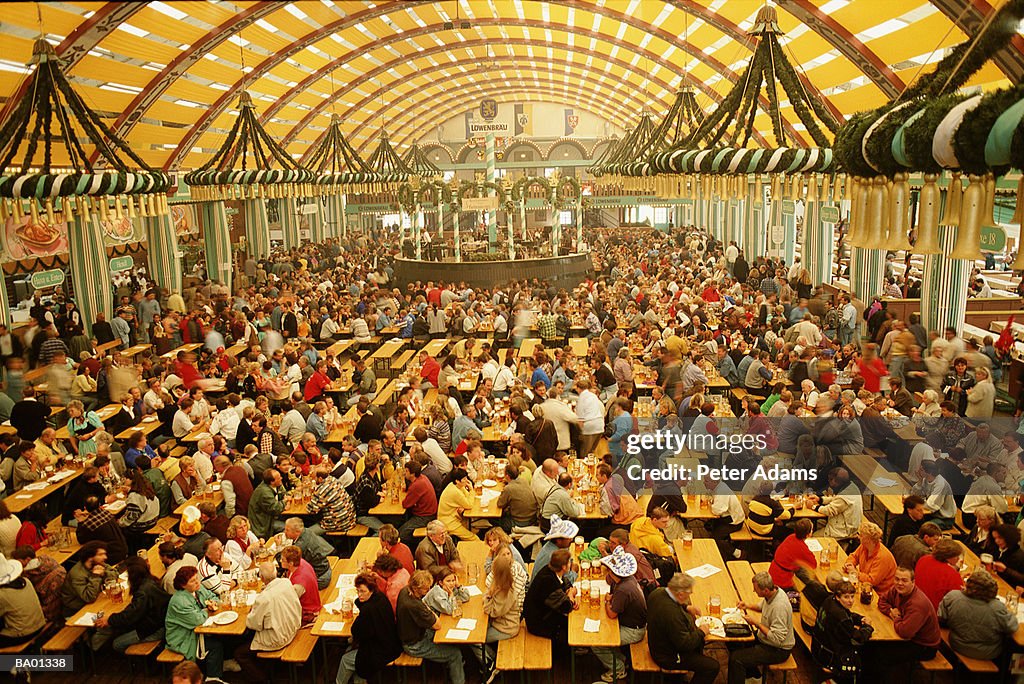 Europe, Germany, Munich, crowd at beer festival, elevated view