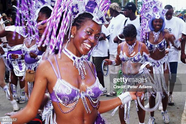 group of carnival dancers in costume - trinidad carnival foto e immagini stock