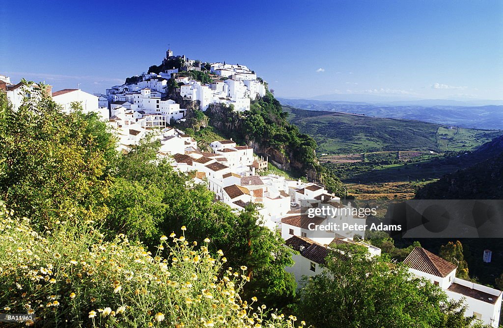 Europe, Spain, Andulucia, Caseras, village on hill, aerial view