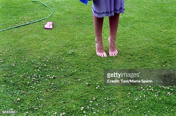 woman standing on tip toes on lawn, low section - maria stockfoto's en -beelden