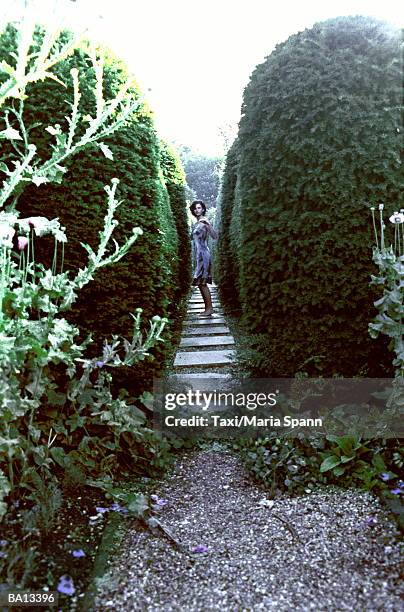 woman standing in garden maze - marea stock pictures, royalty-free photos & images