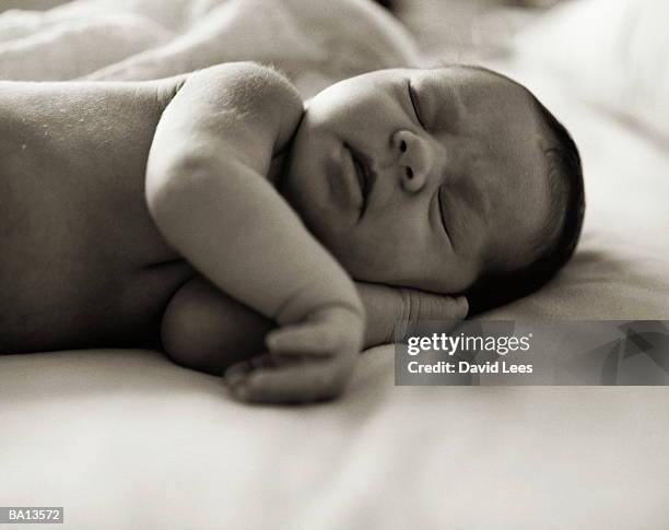 baby (0-3 months) asleep, close-up (b&w) - 0 1 months stock pictures, royalty-free photos & images