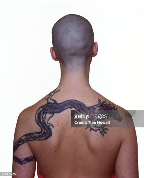 bald woman with tatoo on back, rear view - white dragon tattoo stock pictures, royalty-free photos & images