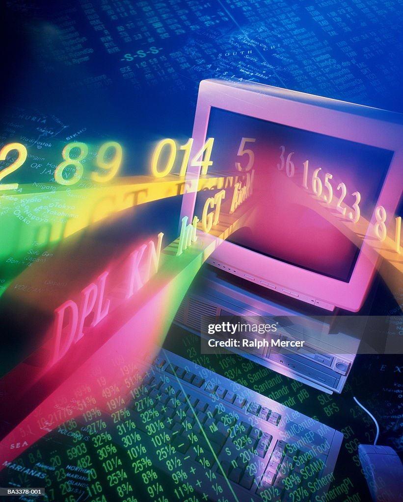 Stocks and shares data crossing bridges into computer (Composite)